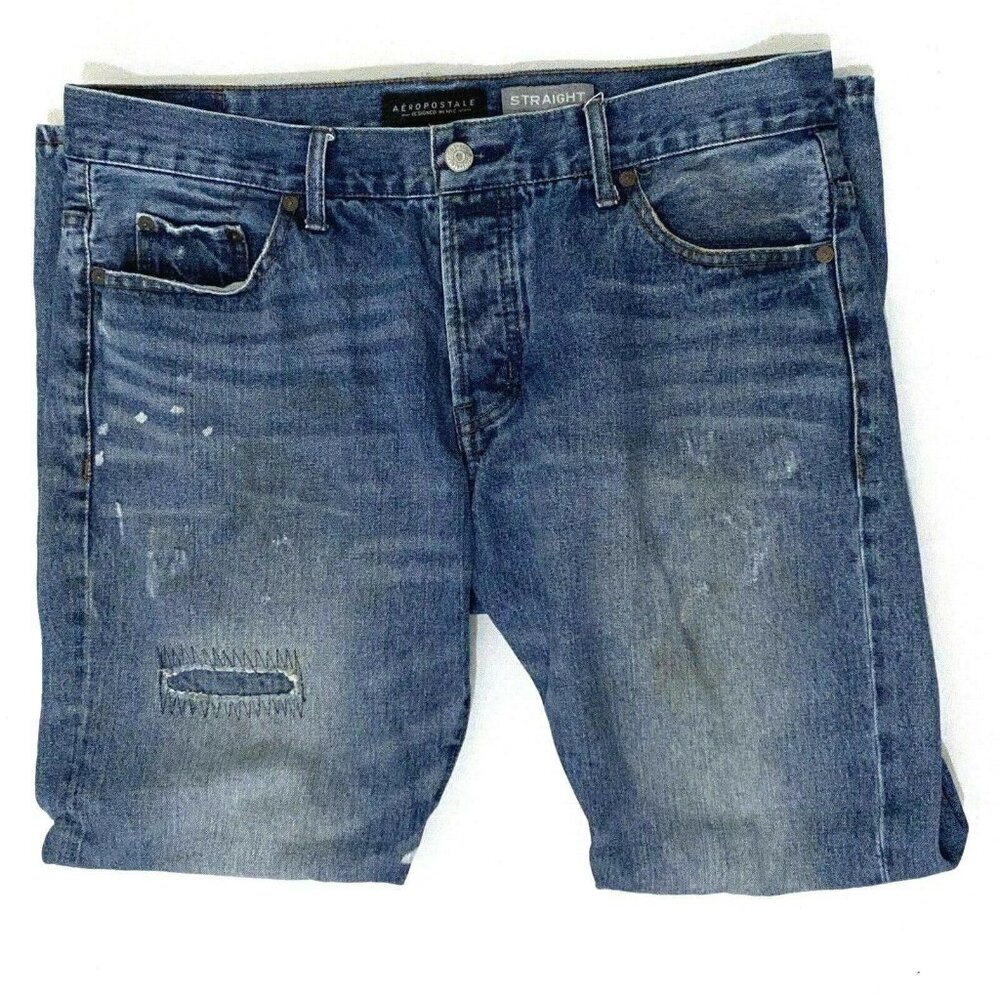 Aeropostale Mens Straight Leg Button Fly‎ Jeans Size 34x30 Blue Distressed